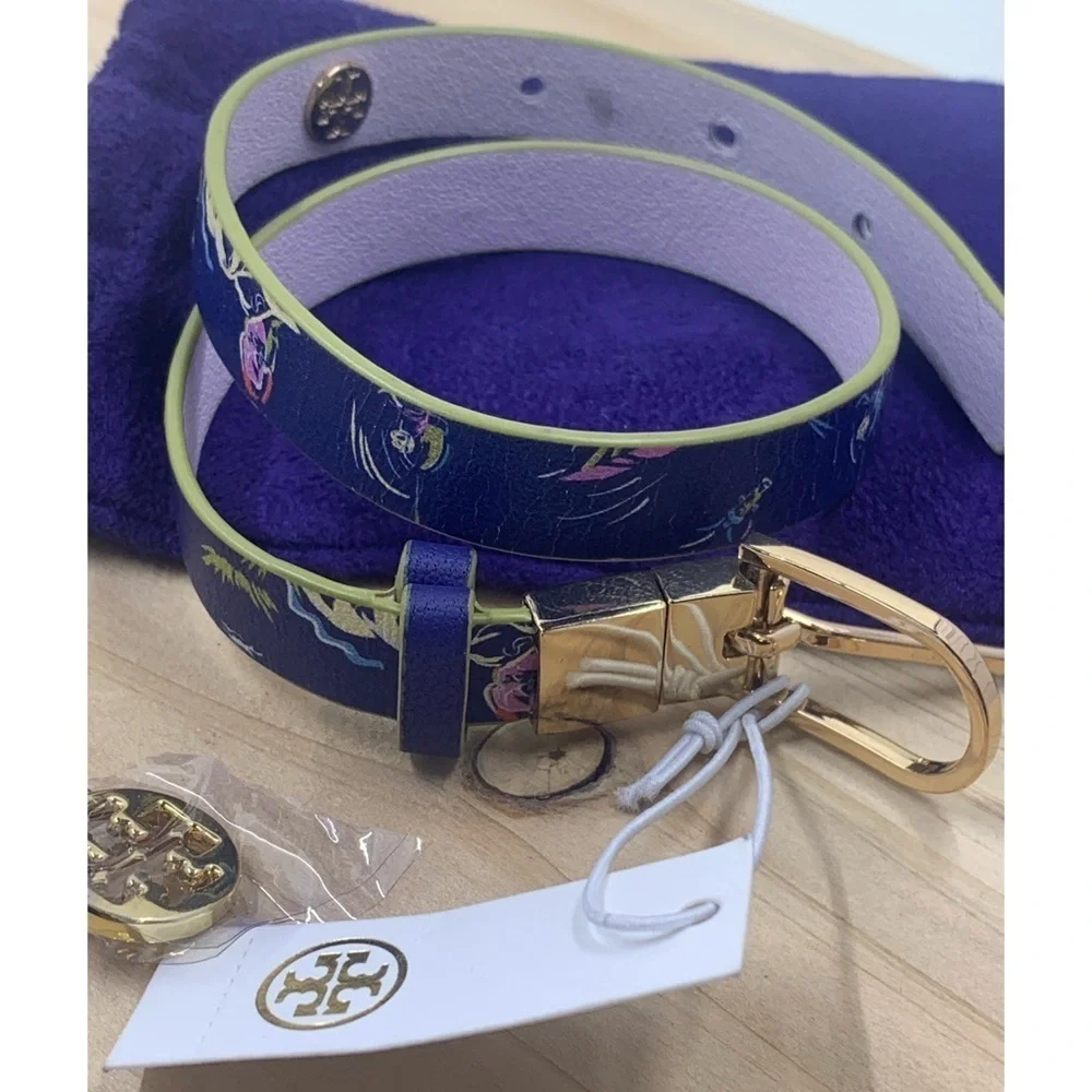 Tory Burch Happy Times Reversible Floral Leather Wrap Bracelet Navy Blue White